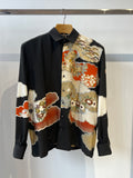 Long Sleeve Kimono Shirt, vintage silk flowers and clouds