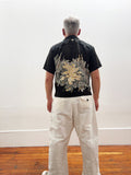 Short Sleeve Kimono Shirt, silver flower on black silk
