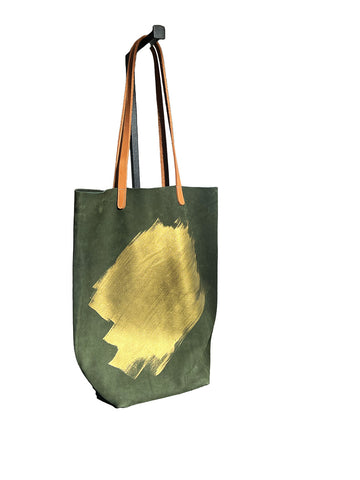 Paper Bag moss green suede with gold splash