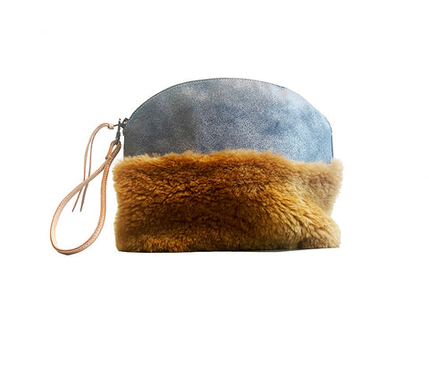 Temple Pouch, Starry Blue leather and camel shearling