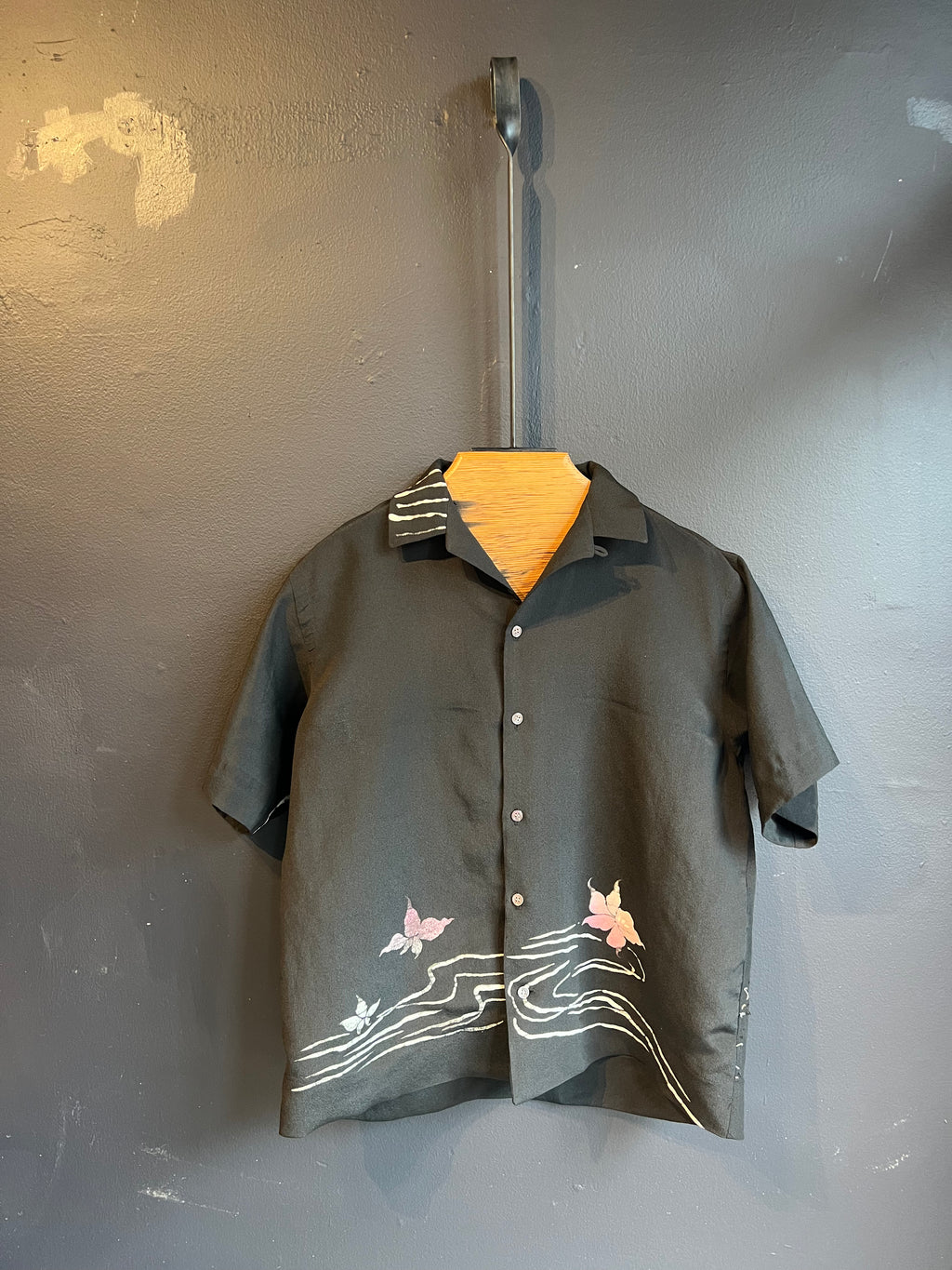 Hawaiian shirt, painted black silk crepe (orchids)
